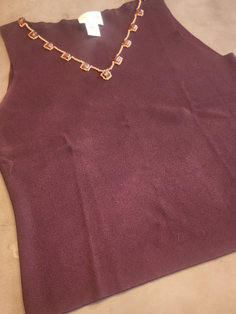 Oscar Dela Renta Brown Beaded Knit Tank